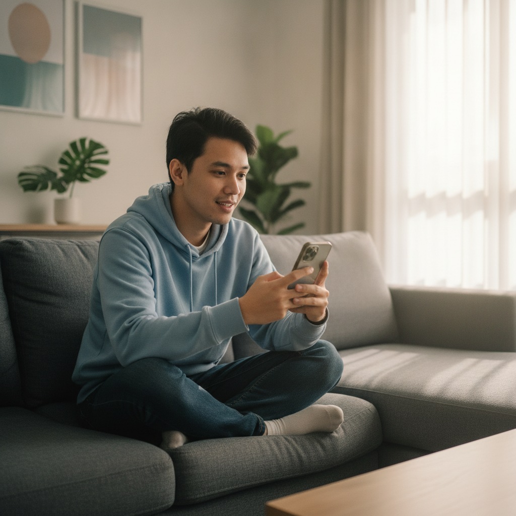 Filipino player holding smartphone ready to register for online casino betting